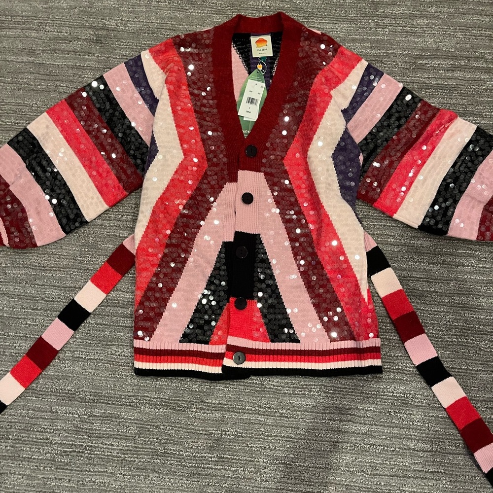 FARM Rio Red and Pink Striped Cardigan Sweater